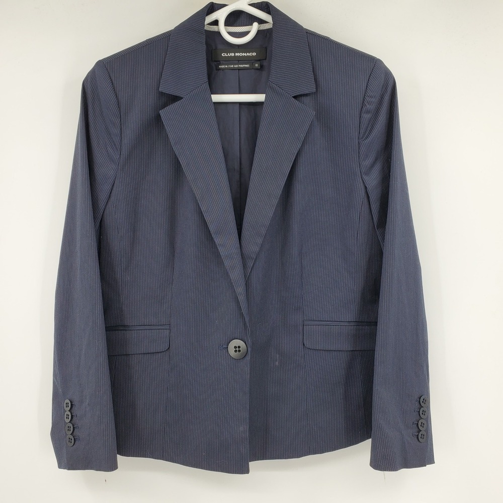 Club Monaco Womens Navy Blue Pinstripe Single Button Blazer Jacket 10 Career